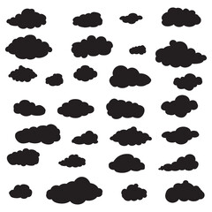 Black cartoon clouds set isolated on white background. Collection of different cartoon clouds for background template, wallpaper and sky design. Cartoon clouds vector. Sky illustration