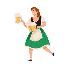Young Woman in Dirndl Dress Carrying Beer Mugs Vector Illustration