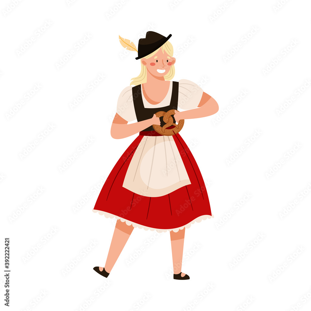 Wall mural Young Woman in Dirndl Dress Holding Pretzel and Dancing Vector Illustration