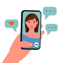 Hand holding mobile phone, video call, conversation. Face of girl on screen isolated on white background stock vector illustration. Social relations on distance concept.