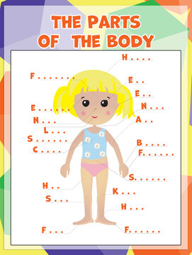Educational game for kids. Girl and first letters of body parts names, illustration