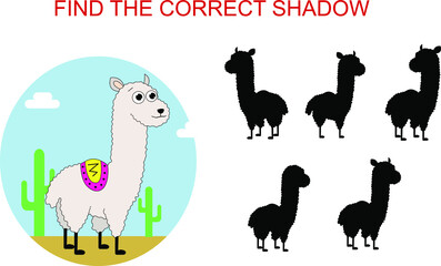 An illustration of alpaca with green cactus in the background. Educational game for children. Find correct shadow. 