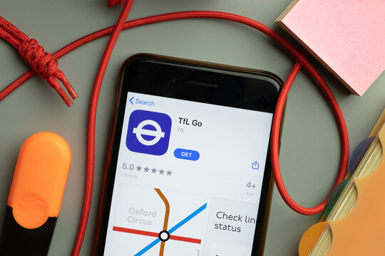 New York, United States - 7 November 2020: TfL Go app store logo on phone screen, Illustrative Editorial