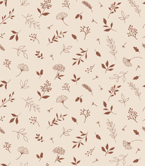 Elegant seamless pattern with plants and herbs. Hand drawn vector illustration.
