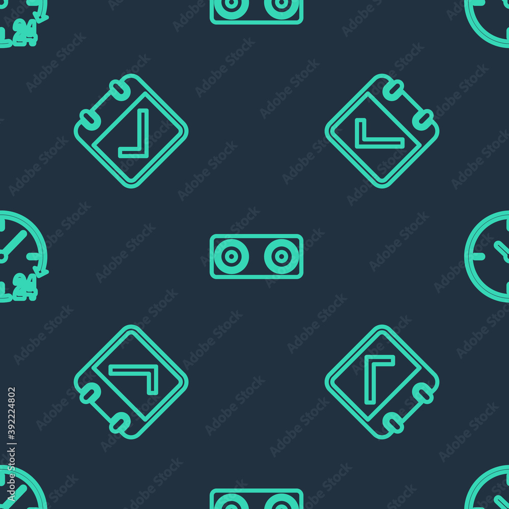 Poster set line stereo speaker, calendar with check mark and clock 24 hours on seamless pattern. vector.