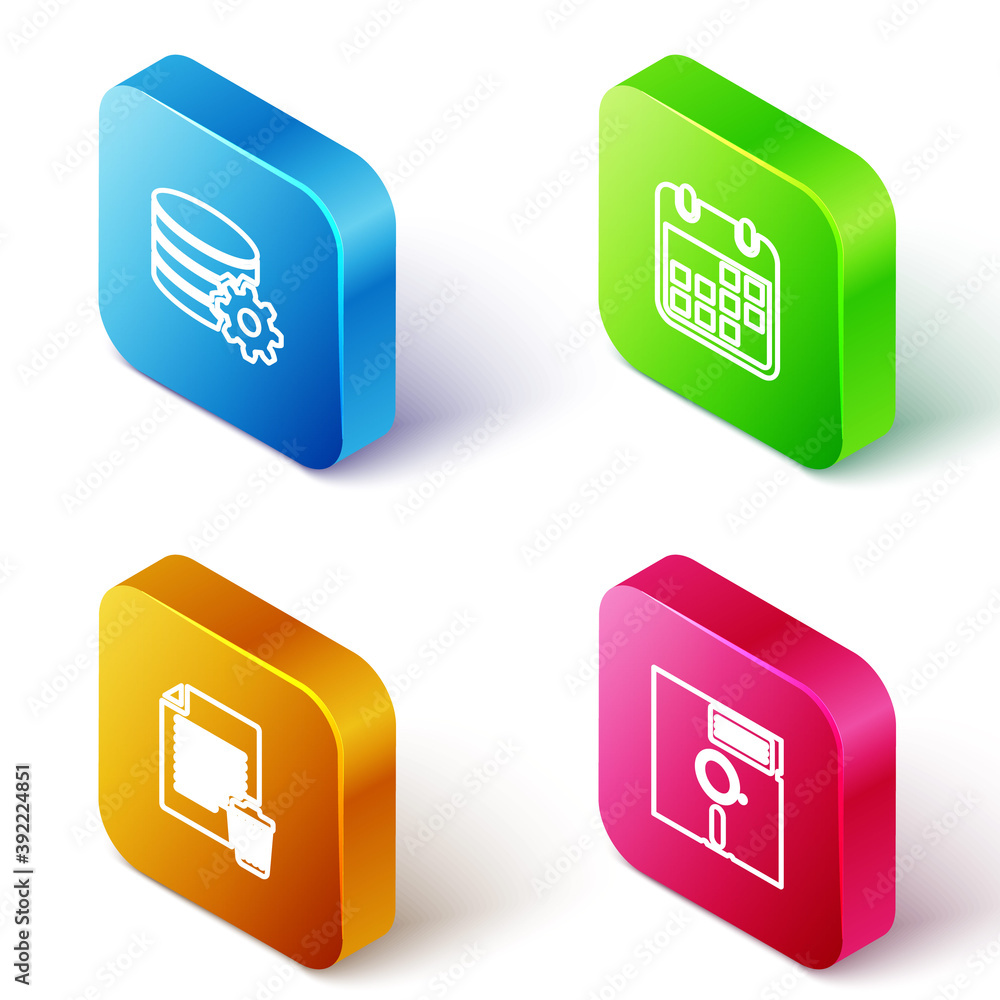 Poster set isometric line setting database server, calendar, delete file document and floppy disk the 5.25-