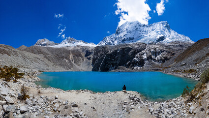 Panoramic view to the lake 69 inside the huascaran national park in the region of Ancash - Peru