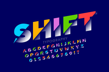 Shifted font modern colorful font design, alphabet letters and numbers vector illustration