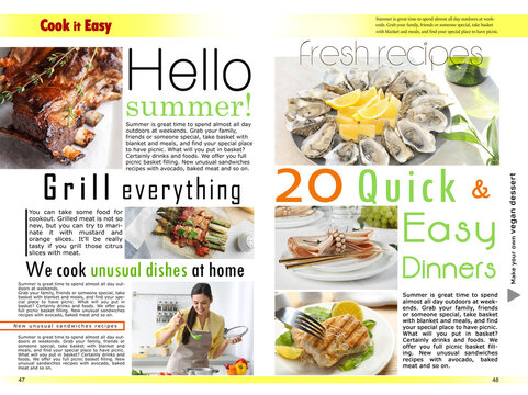 Cook It Easy magazine page spread design. Articles and different images