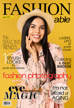 Attractive young woman on fashion magazine cover. Fashionable