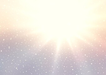 Winter sun rays shines brightly on pastel yellow empty background decorated light snow. Holidays day outdoor illustration.