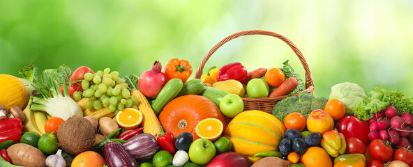 Assortment of fresh organic vegetables and fruits on blurred green background. Banner design