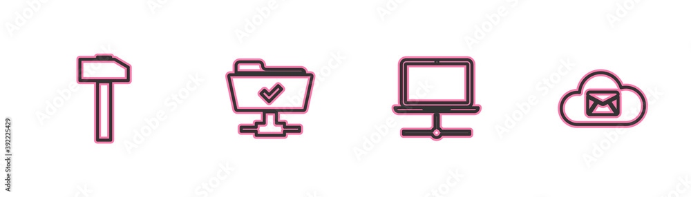 Poster set line hammer, computer network, ftp operation successful and cloud mail server icon. vector.
