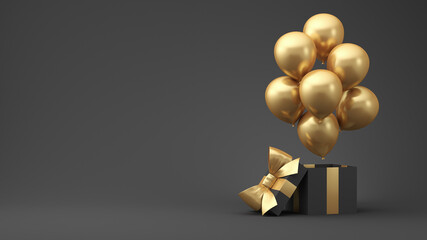 Composition of gold balloons and an open gift with a gold bow on a black background. 3d rendering. Black Friday.