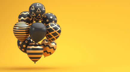 Black balloons decorated with gold decor background. 3d render illustration. Horizontal banner for advertising products and promotions.