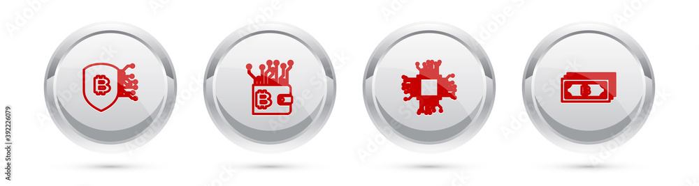 Poster set line shield with bitcoin, cryptocurrency wallet, processor and . silver circle button. vector.