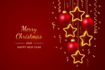 Shimmering hanging golden stars and balls with confetti on red background. Glowing Christmas greeting card with copyspace. New Year poster, cover or banner template. Holiday decoration. Vector.
