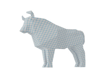 Statuette of a simplified polygonal Squared Paper Bull, folded paper animal figurine, a symbol of the new year 2021, 3d render