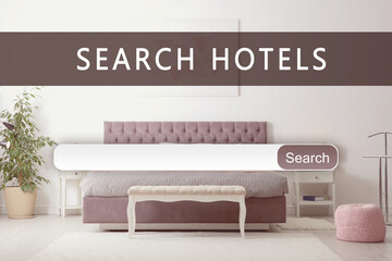 Booking online service. Search bar and beautiful hotel room on background
