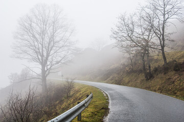 Lonely road in winter covered by fog.