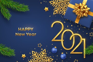 Fototapeta na wymiar Happy New 2021 Year. Golden metallic numbers 2021 with gift box, shining snowflake, pine branches, stars, balls and confetti on blue background. New Year greeting card or banner template. Vector.