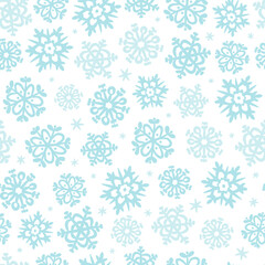 Vector seamless pattern of baby blue snowflakes isolated on white background. Winter season theme. Pastel blue background. Good for wrapping paper and winter cards.