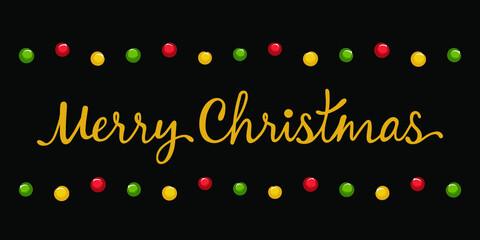 Yellow golden Merry Christmas text on black background. Yellow, red and green color garland. Holiday card or banner.