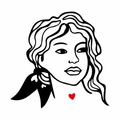 Vector illustration portrait of a girl with a bow in her hair. Black and white drawing of a beautiful girl's face, a red heart on her neck isolated on a white background.