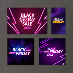 Set of Black Friday Sale Banner Design. Hand Drawn Glowing Text on Dark Background. Vector Advertising Illustration.