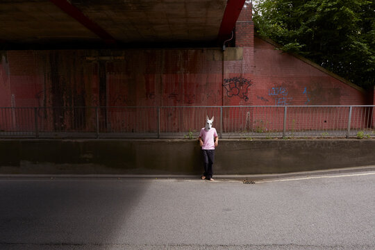 Male standing under a bridge wearing a latex dog mask
