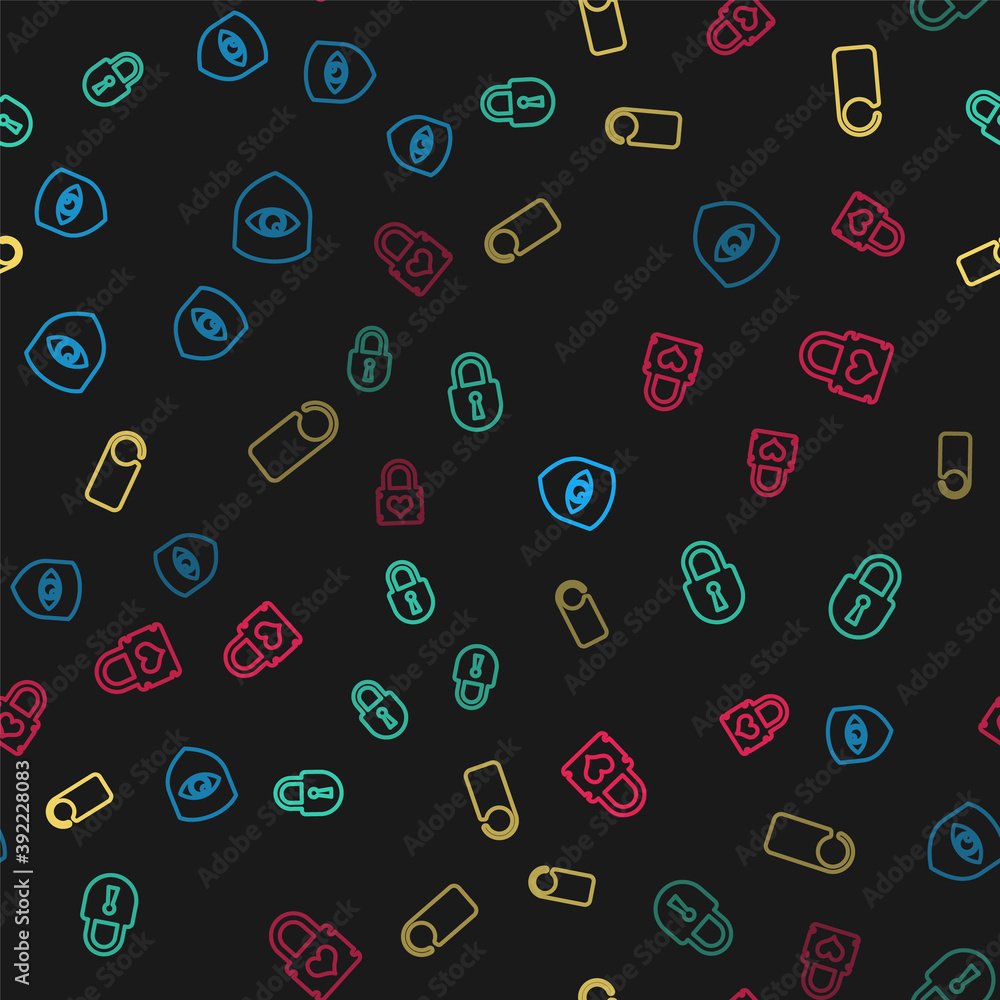 Poster set line shield and eye, lock, please do not disturb and padlock with heart on seamless pattern. vec
