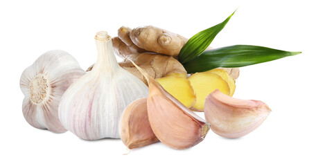 Ginger root and garlic on white background