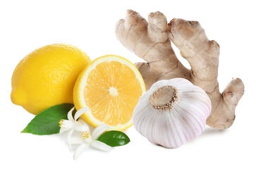 Ginger root, garlic and lemon on white background