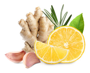 Ginger root, lemon, garlic and rosemary on white background
