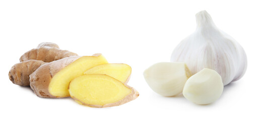 Ginger root and garlic on white background. Banner design