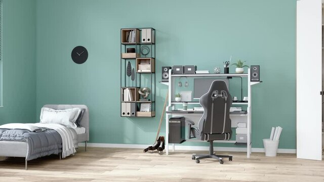 Study Desk, Gaming Chair, Bed, Ice Hockey Stick And Ice Skate In Teen Room With Turquoise Wall Background