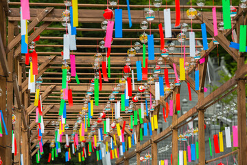 Fototapeta na wymiar 日本　静岡県袋井市、遠州三山の一つ法多山尊永寺の風鈴祭りで飾られた風鈴