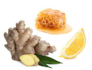 Ginger root, lemon and honeycomb on white background