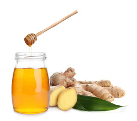 Ginger root and honey on white background