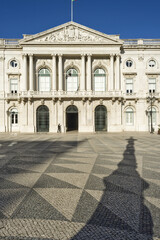 Fototapeta na wymiar Lisbon City Hall with a square made of black and white basalt pavement in Lisbon