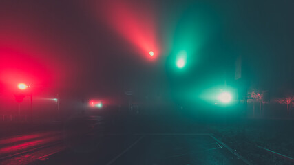 Fototapeta na wymiar traffic lights in a foggy night