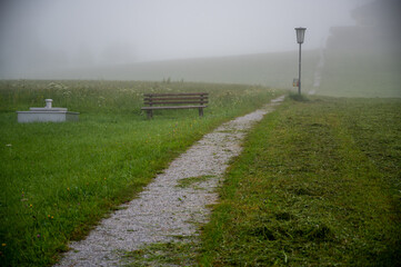 A path in the fog across a meadow on a summer morning