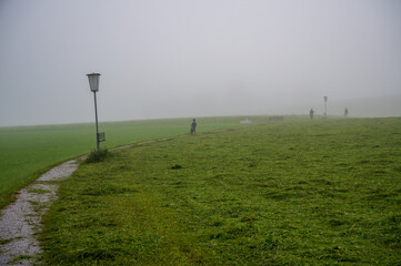 Wanderers on a countryside road on a foggy morning