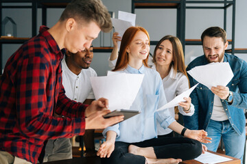 Side view of calm young business woman meditate at business meeting avoiding pressure annoying...