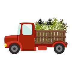 A cartoon red truck carrying green Christmas trees. Transportation of natural eco friendly product. Preparing for Christmas and New Year. Vector illustration