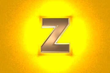 aged gold or copper brassy alphabet with intense yellow noisy backlight - letter Z isolated on orange background, 3D illustration of symbols