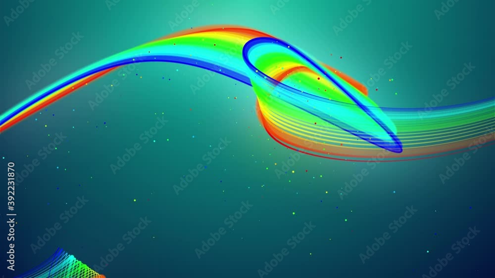 Poster rainbow color glow lines fly in air, smoothly oscillation and wave. 3d abstract looped creative back