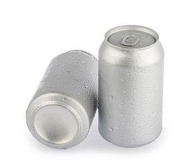 wet metal aluminum beverage drink cans isolated on white background