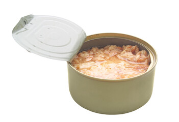Tuna chunks in tin can isolated on white