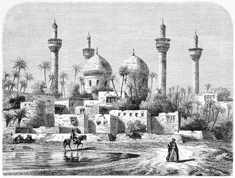 Al-Kadhimiya mosque overall view in Baghdad, Iraq, on natural arabian landscape. Ancient grey tone etching style art by Flandin and Maurand published on Le Tour du Monde, Paris, 1861